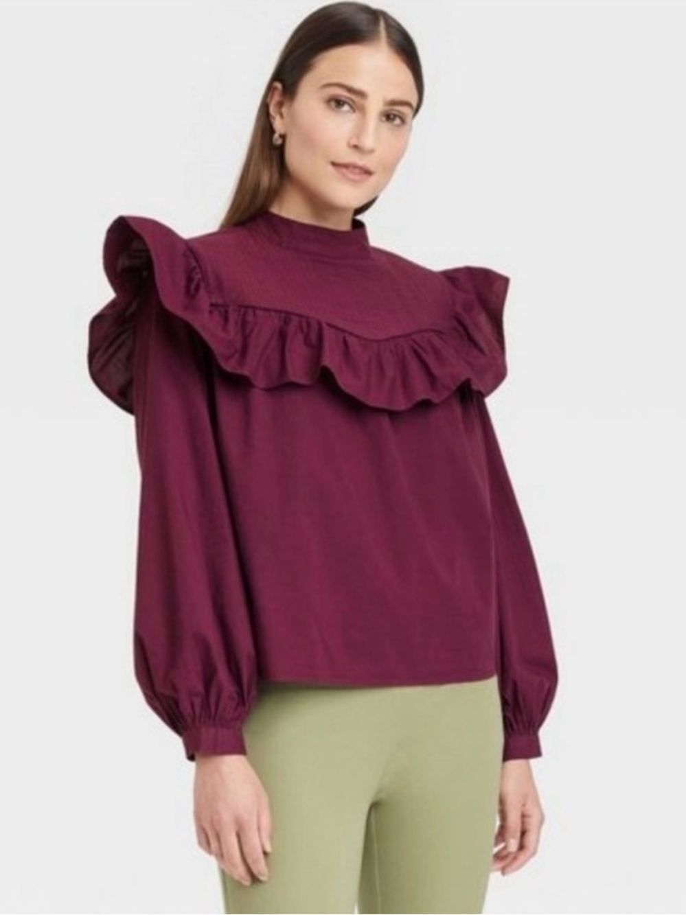 a new day Plum Ruffle Yoke Long-Sleeve Blouse